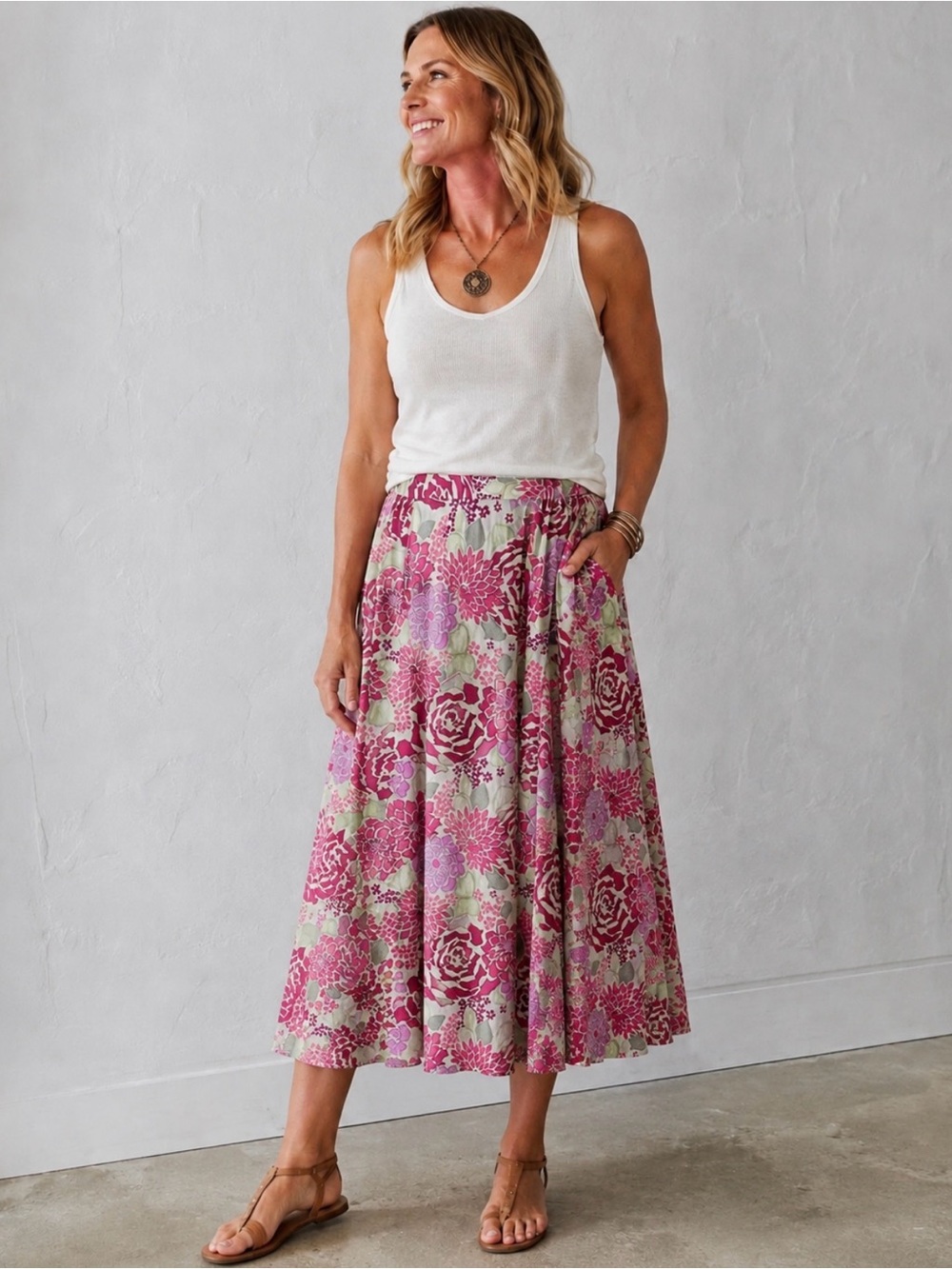 Nomadic Traders Pink Green Floral Feminine Romantic Midi Skirt Size L